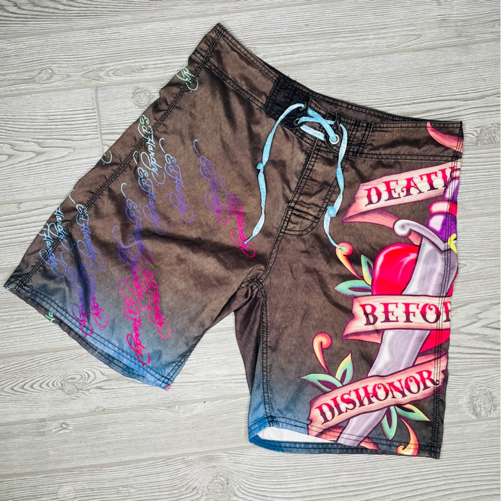 Vintage Ed hardy “ death before honor “ beach surf shorts swim trunks summer 32